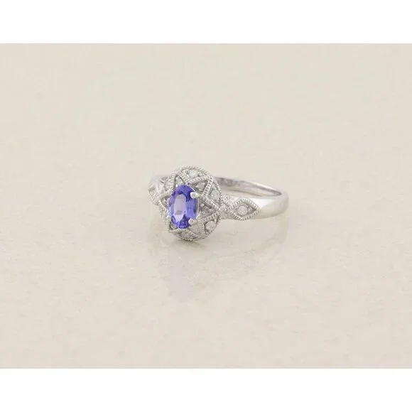 10k White Gold Natural Tanzanite & Diamond Ring Size 8 3/4 - Picture 6 of 8